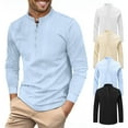 thumbnail image 1 of LZHGirlshop Men Cotton and Linen Henley Shirt Casual Stand Collar Long Sleeve Shirt Retro Solid Color Fit T-Shirt,Blue,XL, 1 of 6