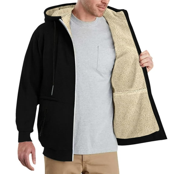 LZHGirlshop Men Zipper Hoodie Thick Warm Winter Coat Heavyweight Fleece Lined Jacket with Drawstring Hooded Sweatshirt,Black,3XL