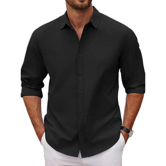 LZHGirlshop Men's Casual Button Down Shirt Solid Color Long Sleeve Shirt Stretch Fit Denim Dress Shirt,Black,L