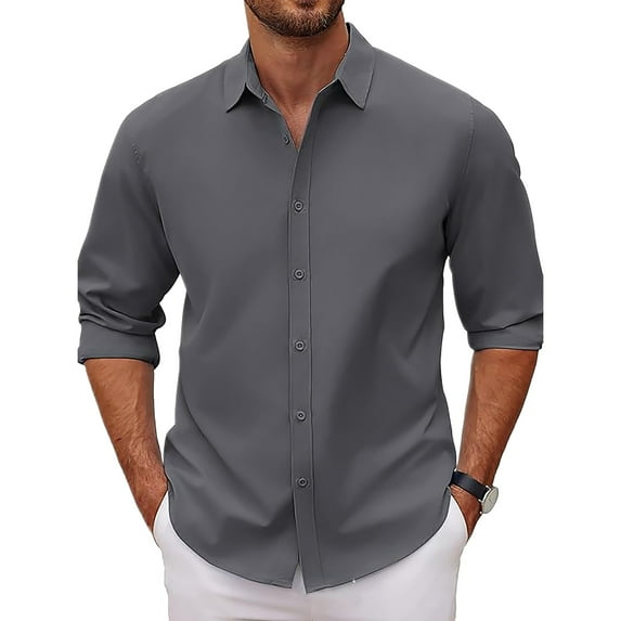 LZHGirlshop Men's Casual Button Down Shirt Solid Color Long Sleeve Shirt Stretch Fit Denim Dress Shirt,Gray,M