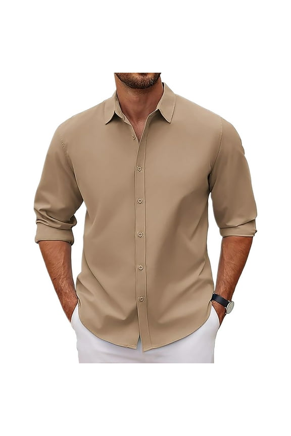 Men's Casual Button Down Shirt Solid Color Long Sleeve Shirt Stretch Fit Denim Dress Shirt,Khaki,L