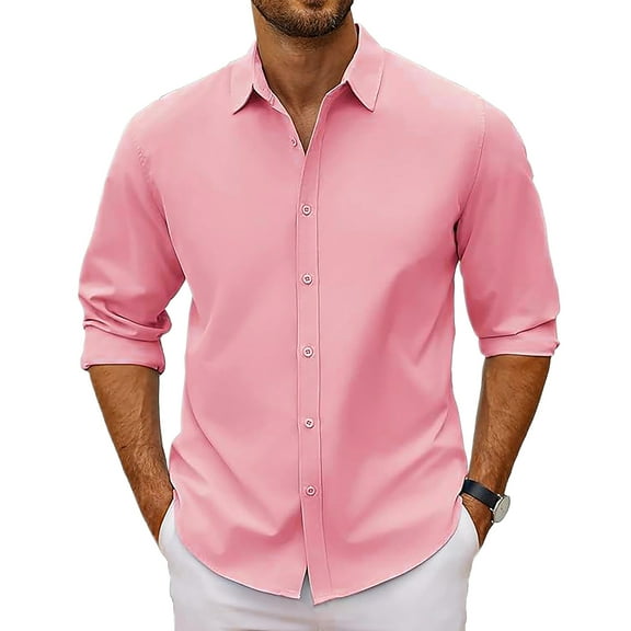 LZHGirlshop Men's Casual Button Down Shirt Solid Color Long Sleeve Shirt Stretch Fit Denim Dress Shirt,Pink,3XL