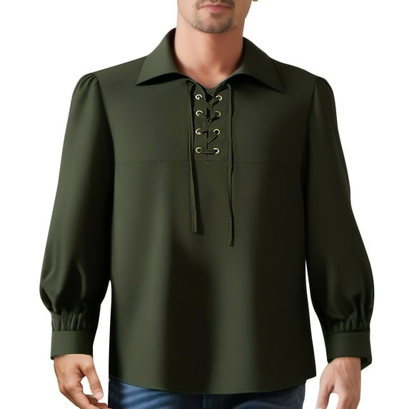 LZHGirlshop Men's Classic Shirts Lace Up Cotton Shirt Vintage Costume Long Sleeve Tops for Medieval Viking Hippie Tops,Army Green,M