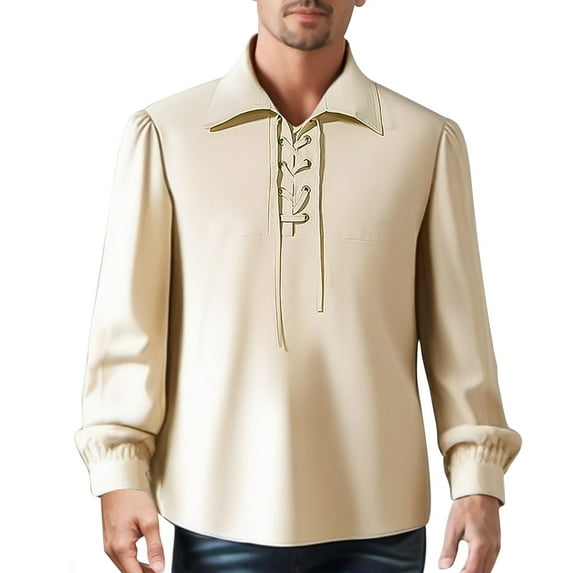 LZHGirlshop Men's Classic Shirts Lace Up Cotton Shirt Vintage Costume Long Sleeve Tops for Medieval Viking Hippie Tops,Khaki,M