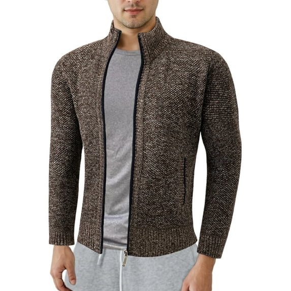LZHGirlshop Men's Full Zip Cardigan Sweater Slim Fit Knitted Zip Up Solid Color Stand Collar Sweater with Pockets,Brown,3XL