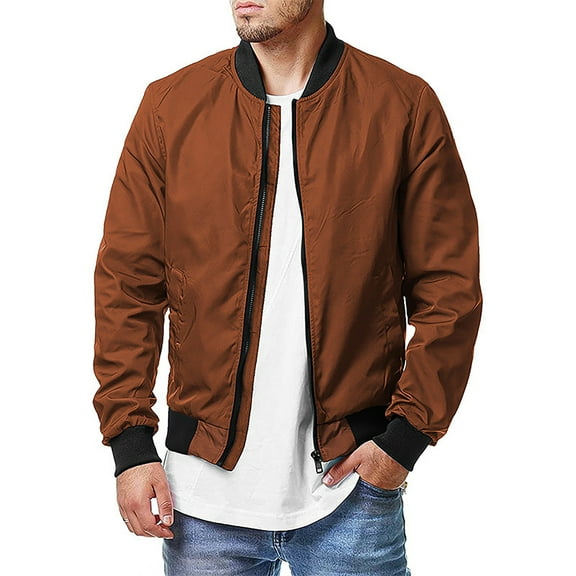 LZHGirlshop Men's Lightweight Bomber Jacket Casual Windbreaker Flight Coat Zip Up Textured Jacket with Pocket,Brown,S