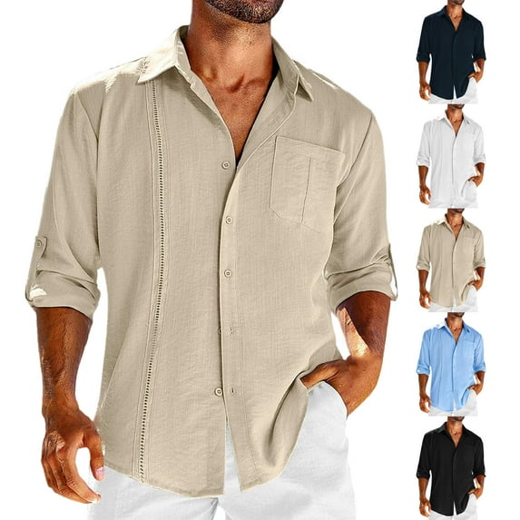 LZHGirlshop Men's Linen Shirts Casual Button Down Shirt Solid Color Long Sleeve Turn-down Collar with Pocket Tops,Navy Blue,M