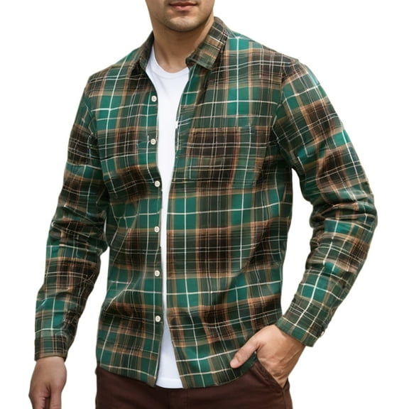 LZHGirlshop Men's Plaid Long Sleeve Shirts Button Down Shirt Casual Cotton Collared Shirt Jacket with Pockets,Green,S