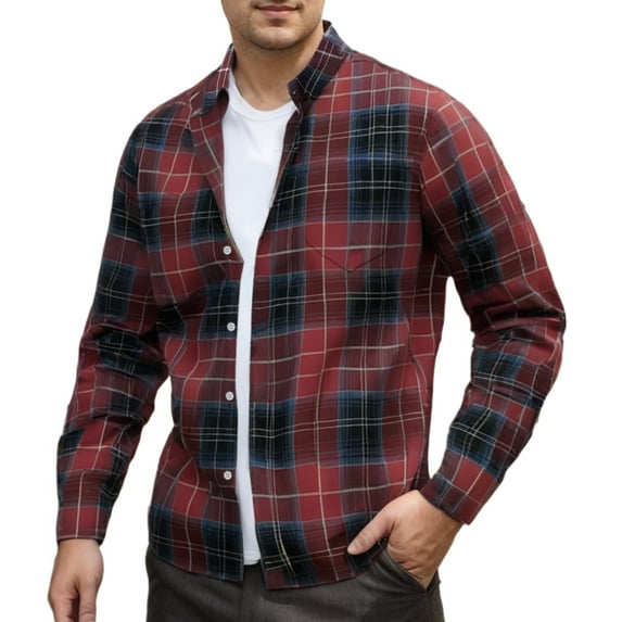 LZHGirlshop Men's Plaid Long Sleeve Shirts Button Down Shirt Casual Cotton Collared Shirt Jacket with Pockets,Red,2XL
