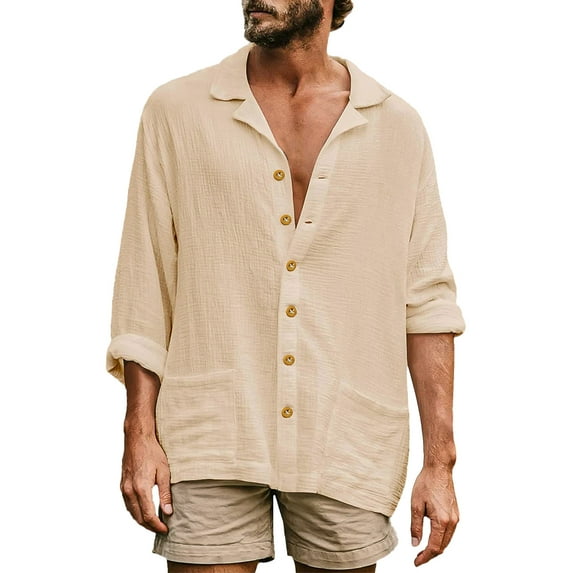 LZHGirlshop Mens Casual Long Sleeve Cotton Linen Shirts Buttons Down Solid Plain Roll-Up Sleeve Summer Beach Shirts,Khaki,2XL