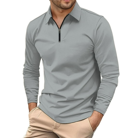 LZHGirlshop Mens Casual Quarter Zip Waffle Shirt Business Office Work Slim Fit Long Sleeve Stretch Lightweight Collared T Shirt,Gray,M