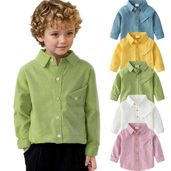 LZHGirlshop Toddler Boys Long Sleeve Dress Shirts Casual Cotton Button Down Shirts Solid Color Lapel Collar Tops,Green,3-4T