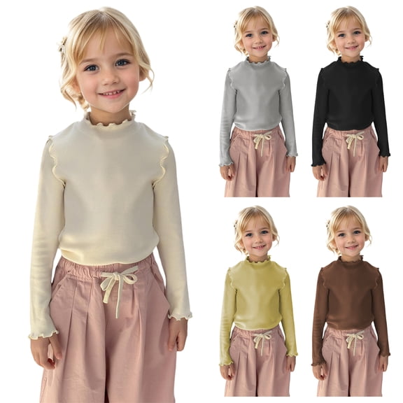 LZHGirlshop Toddler Kids Baby Girls Long Sleeve Base Shirt Ruffles Solid Color Fall Undershirt Wood Ear Edge Blouse Tops Outfits,Yellow,Yellow 13-14