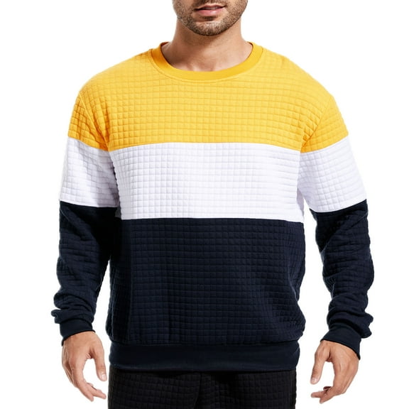 LZHGirlshop Waffle Patchwork Hoodie for Men - Men's Casual Knit Color Block Long Sleeve Sweatshirt Crewneck Loose Fit Pullover Tops,E,2XL