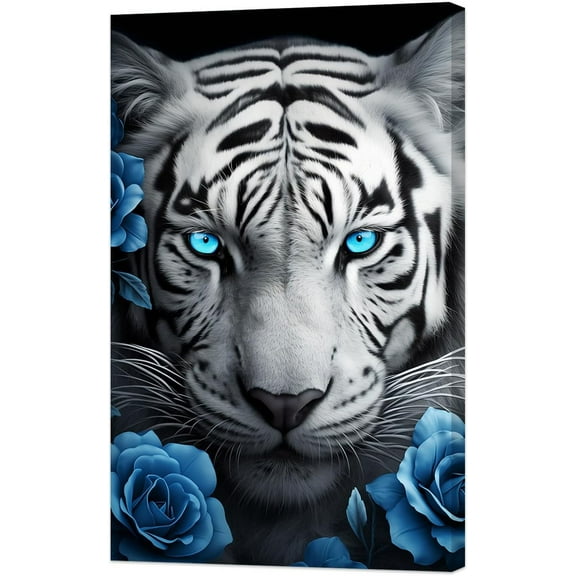 LZIMU Black and White Tiger Canvas Wall Art Wildlife Painting with Floral Blue Eyes Animal Flower Pictures Print Modern Office Home Decor Framed (12.00" x 18.00")