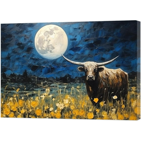 LZIMU Highland Cow Canvas Wall Art Abstract Cattle And Full Moon Pictures Farmhouse Animal Landscape Painting Prints for Home Decor Framed (12.00" x 18.00")