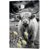 LZIMU Highland Cow Canvas Wall Art Black and White Cattle And Full Moon Pictures Farmhouse Animal Landscape Painting Prints for Home Decor Framed (12.00" x 18.00")