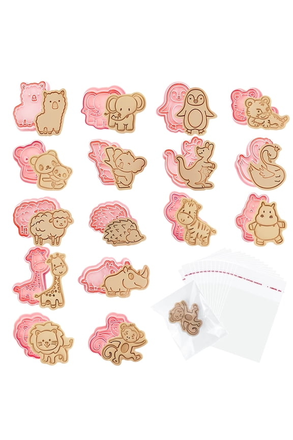 16pcs Animal Cookie Cutters with Plunger Stamps Set, 3D Mini Cookie Stamp with 100pcs Self Sealing Cellophane Bags, Plastic Cracker Cutter Biscuit Cutters for Baking Molds Kids