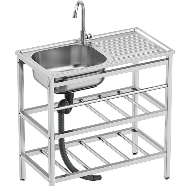 LZJZ Double Storage Shelf Freestanding Outdoor Utility Laundry Sink, Camping Kitchen Single Bowl