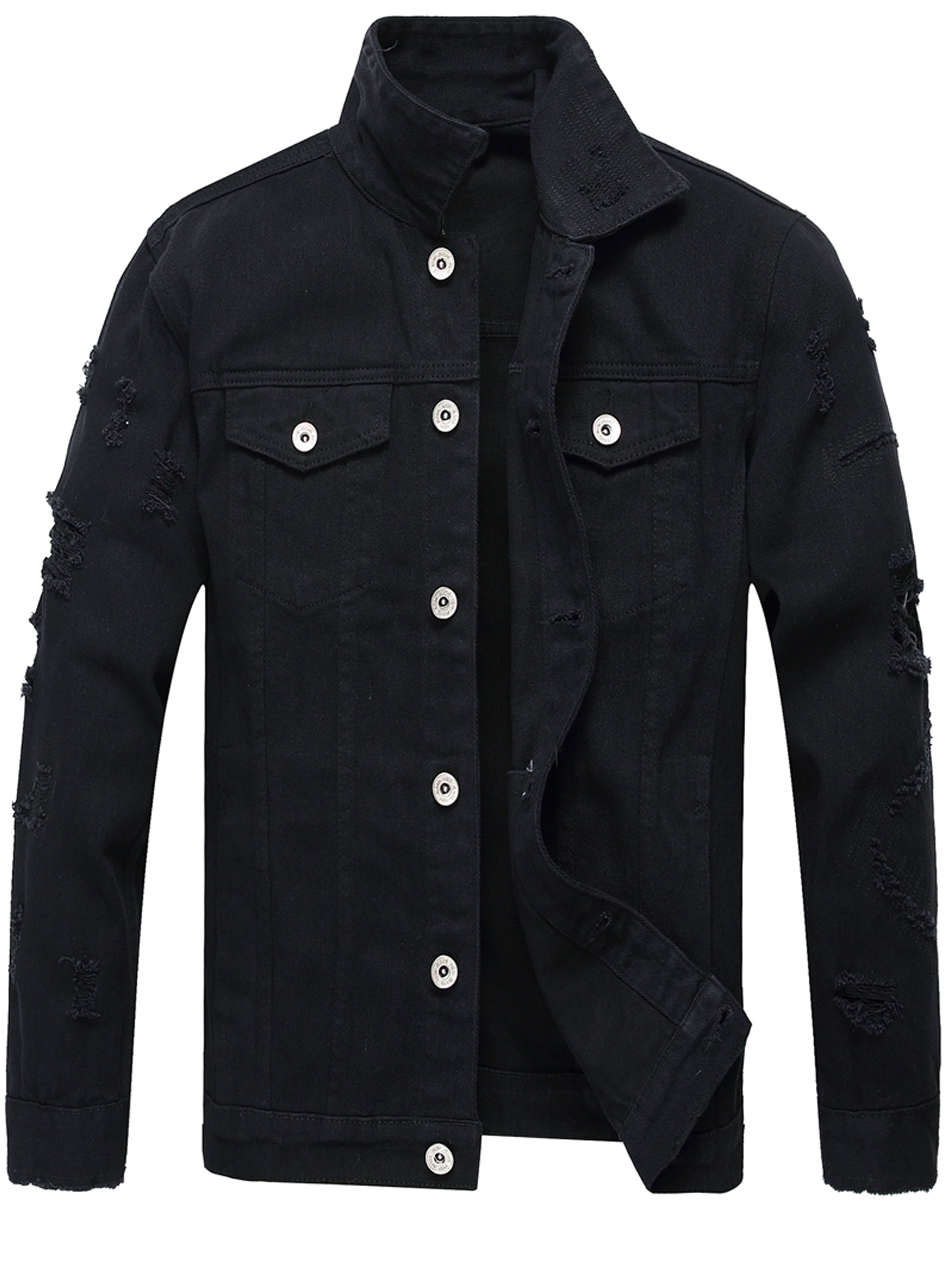 LZLER Black Jean Jacket for Men Classic Denim Jacket with Hole