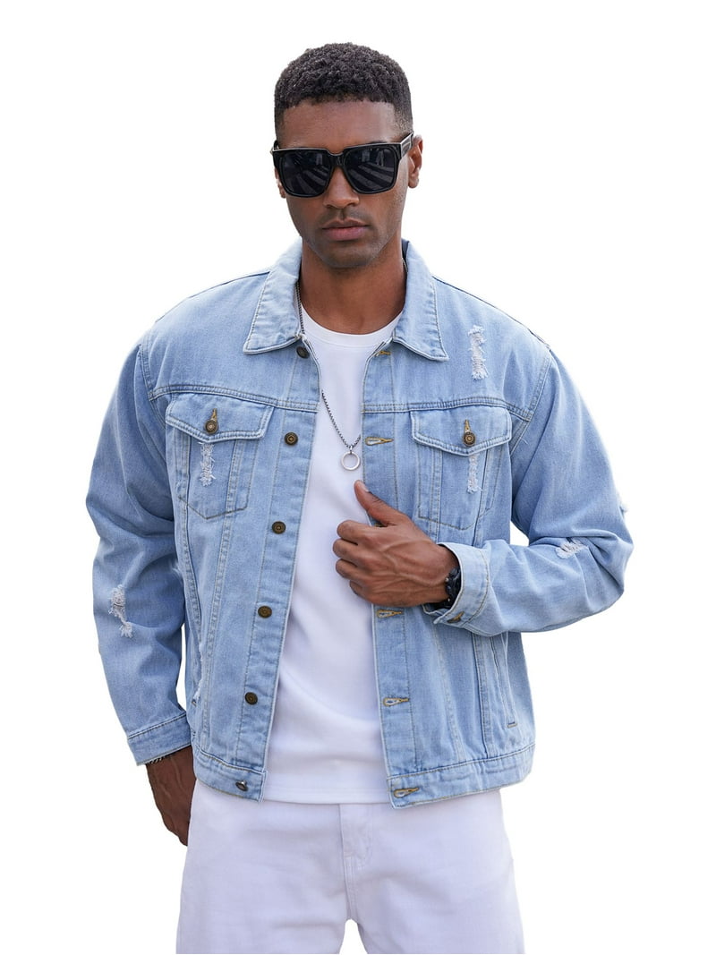 LZLER Men's Slim Fit, Ripped Denim Jacket, Stylish Everyday
