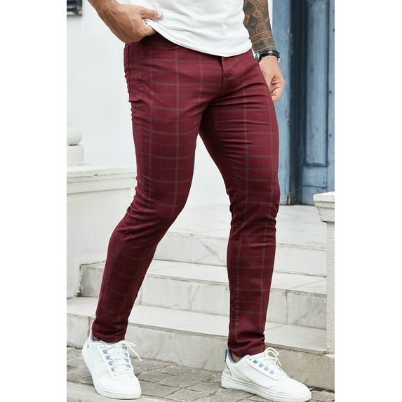 LZLER Casual Plaid Dress Pants for Men Stretch Flat-Front Chino Pants
