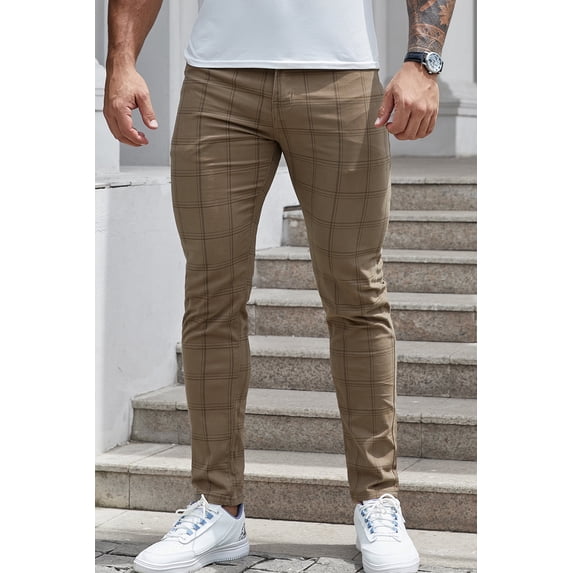 LZLER Casual Plaid Dress Pants for Men Stretch Flat-Front Chino Pants