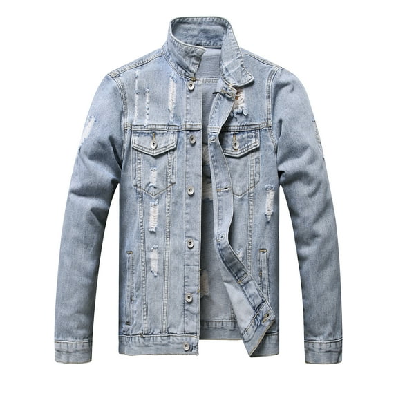 LZLER Classic Jean Jacket for Men Slim Denim Jacket with Hole