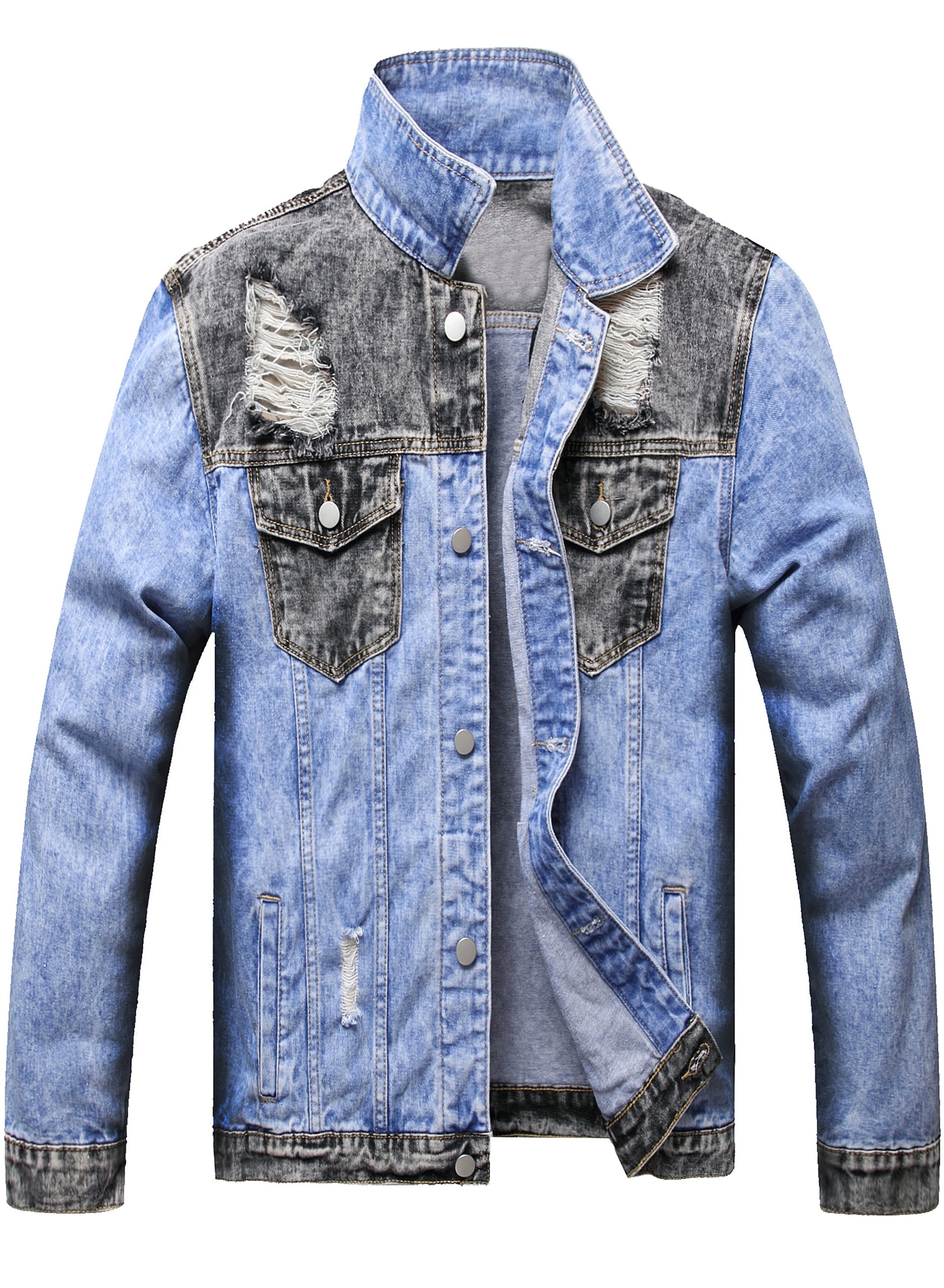 Amazon.com: FIVETOSEVEN Single Breasted Mens Denim Jackets Spring Autumn  Casual Slim Fits Jean Denim Jacket Patchwork Men Clothing 22 Light blue S :  Clothing, Shoes & Jewelry