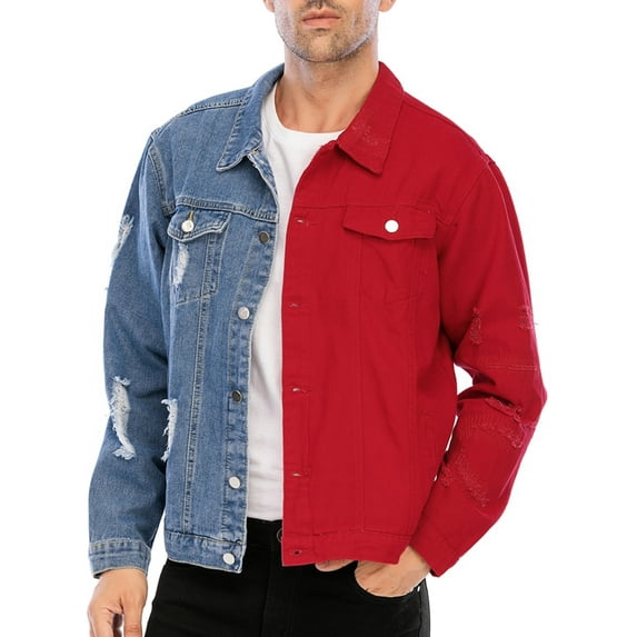 LZLER Jean Jackets for Men Ripped Color Block Denim Jacket