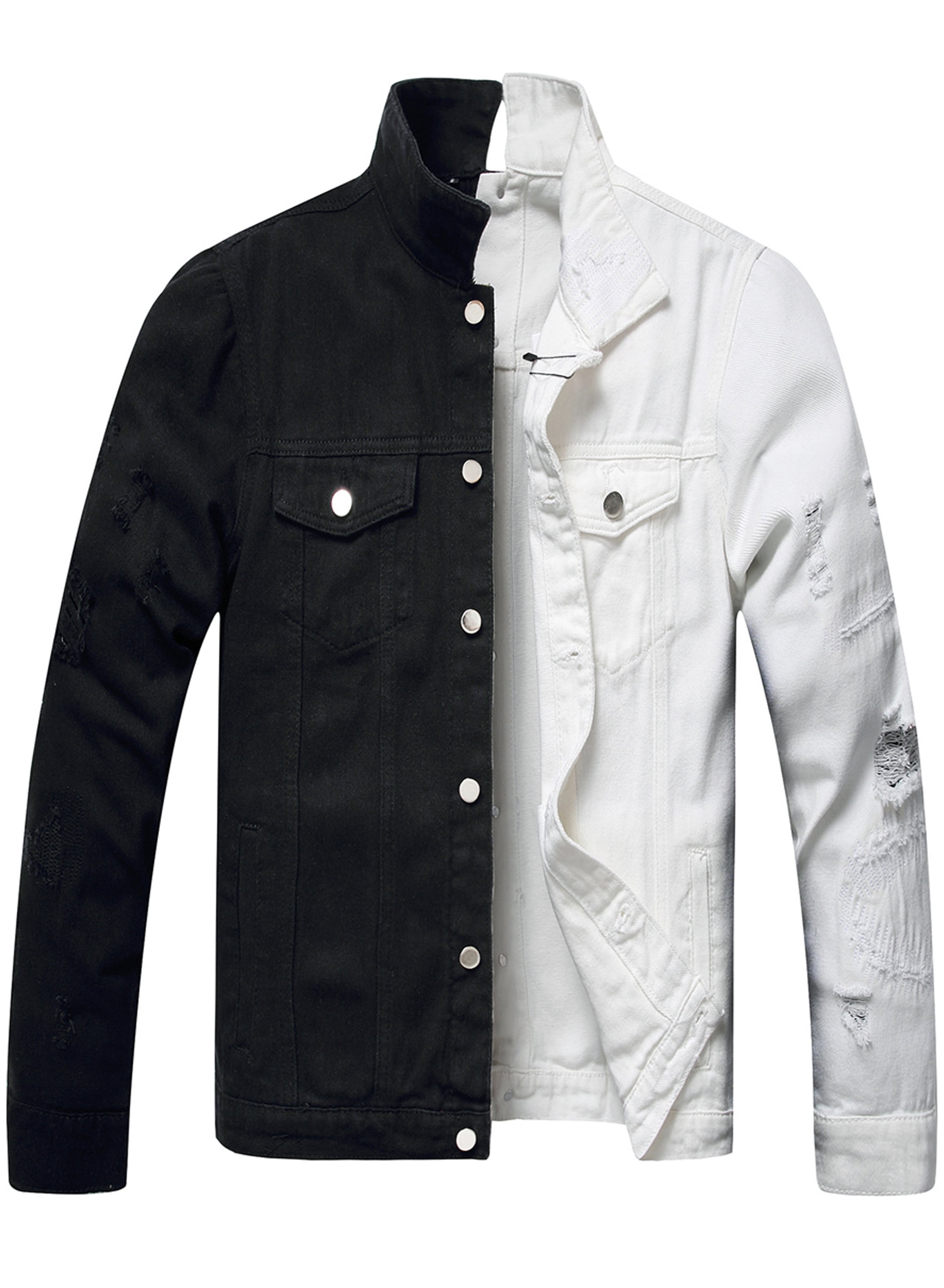 LZLER Black White Jean Jacket for Men Ripped Color Block Denim Jacket Walmart