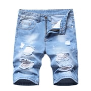 LZLER Mens Casual Ripped Shorts Jeans Knee Length Slim Denim Shorts