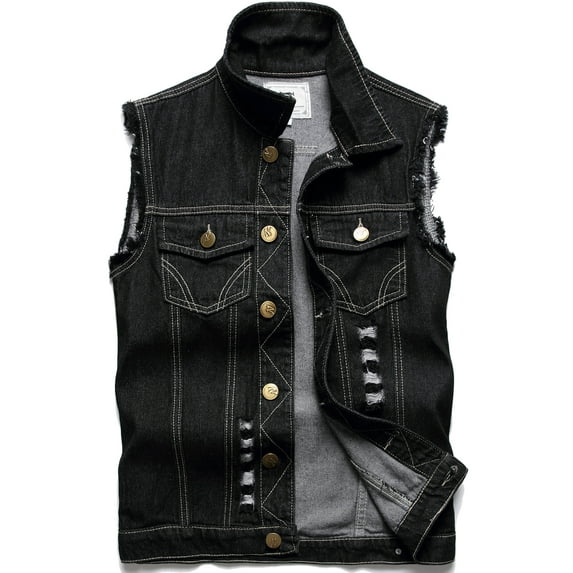 LZLER Mens Denim Vest Sleeveless Fashion Ripped Retro Jean Vest Jacket