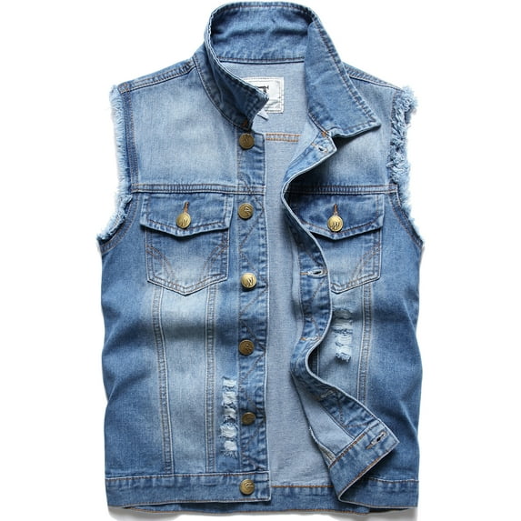 LZLER Mens Denim Vest Sleeveless Fashion Ripped Retro Jean Vest Jacket