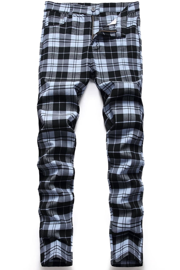 Mens Dress Pants Slim Fit Plaid Flat-Front Stretch Chino Pant