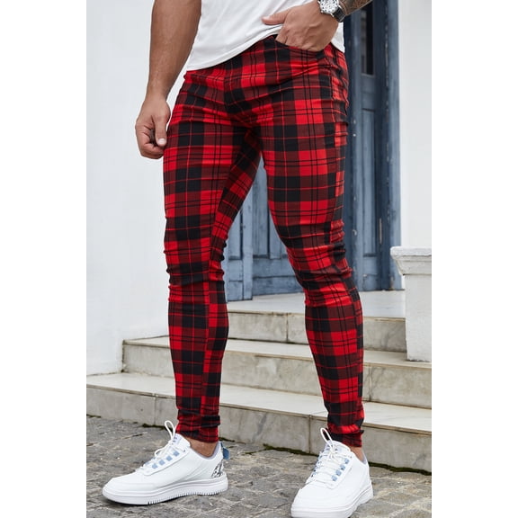 LZLER Mens Dress Pants Slim Fit Plaid Flat-Front Stretch Chino Pant