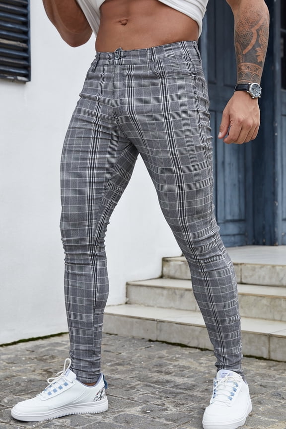 Mens Dress Pants Slim Fit Plaid Flat-Front Stretch Chino Pant