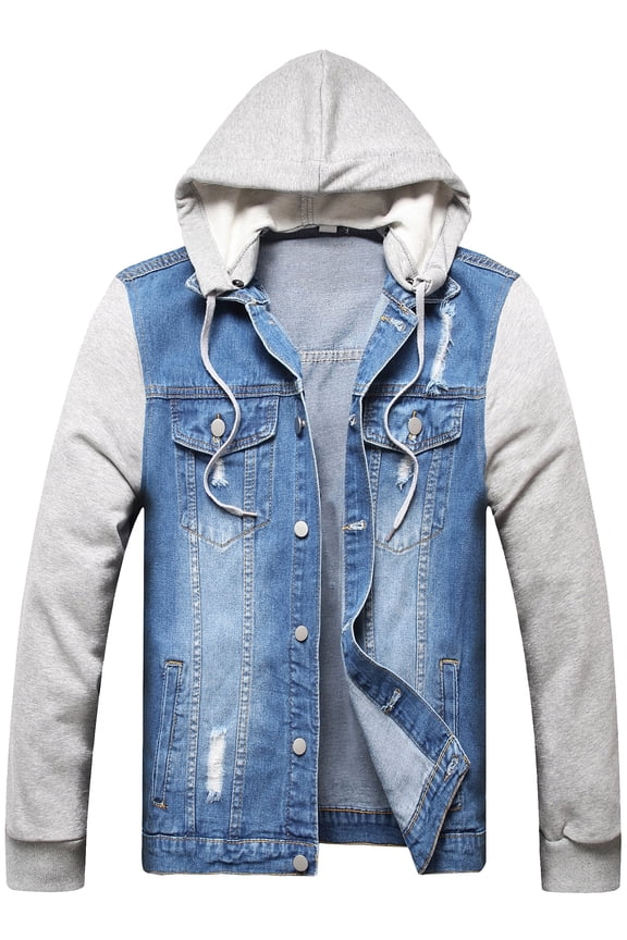 Mens Hooded Jean Jacket Classic Distressed Denim Jacket