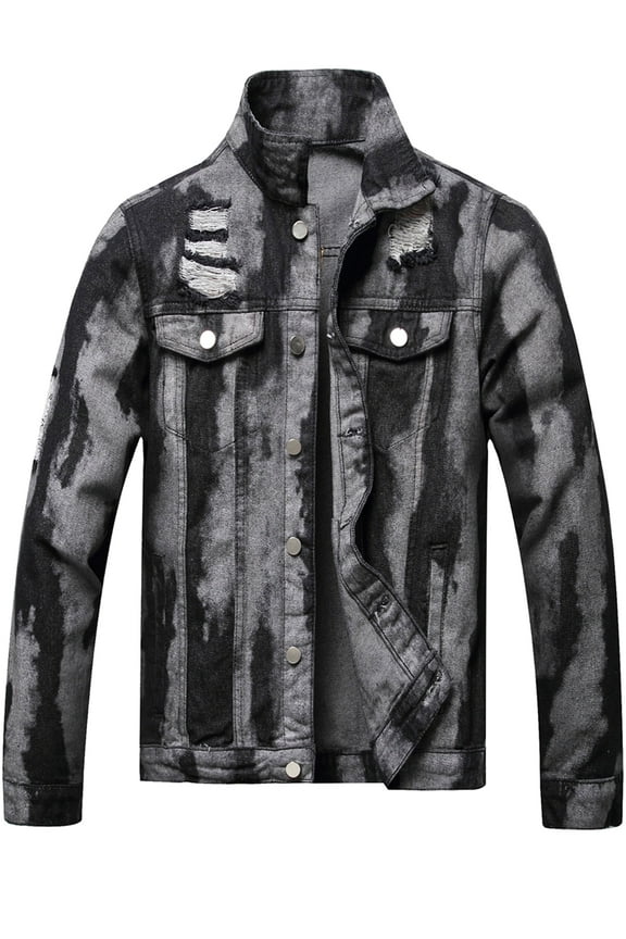 Mens Jean Jackets Black Ripped Casual Jeans Jacket