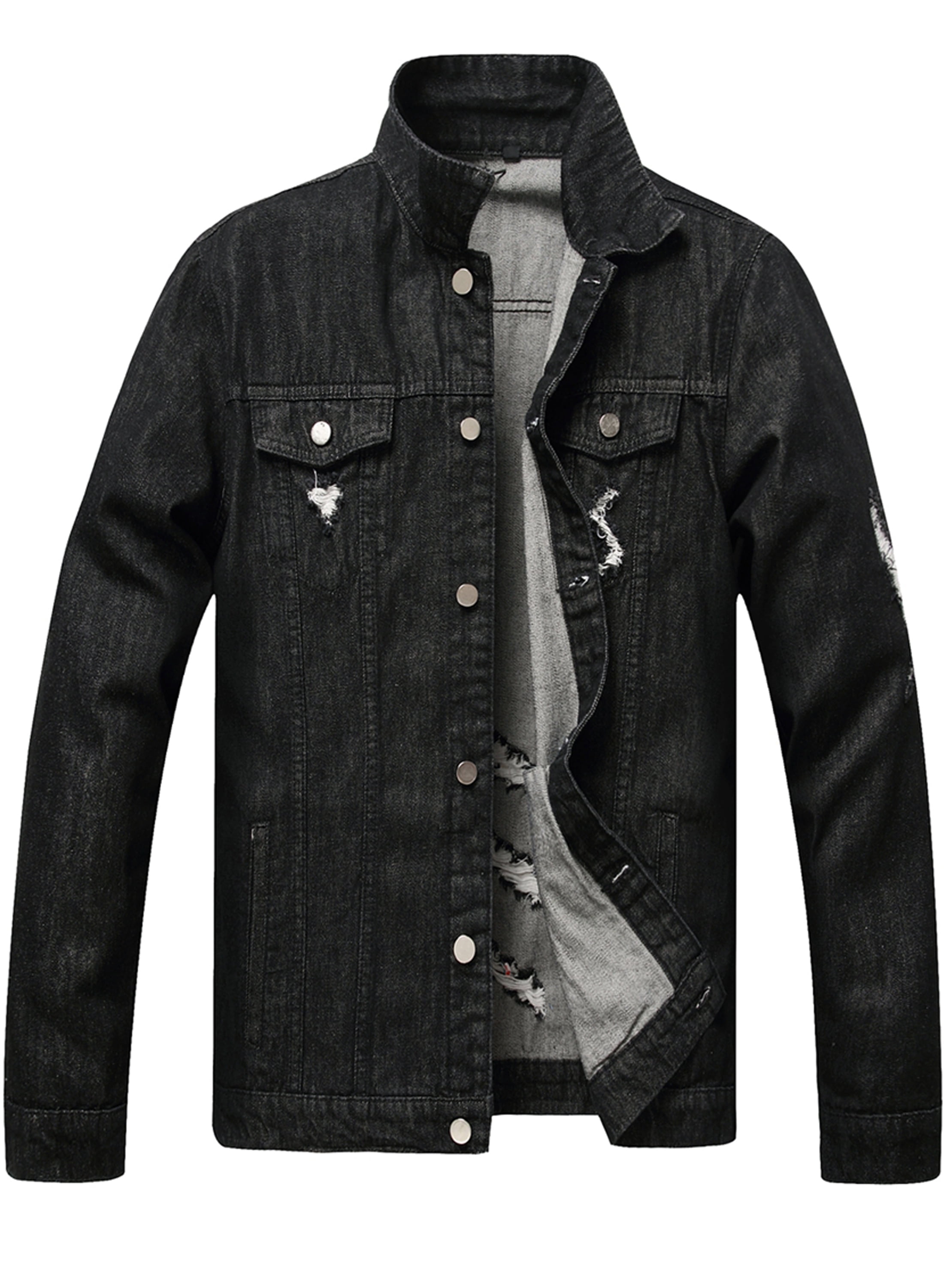 LZLER Black Jean Jacket for Men Classic Denim Jacket with Hole