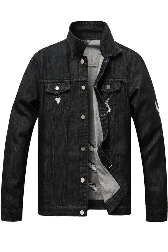 Mens Jean Jackets Black Ripped Casual Jeans Jacket