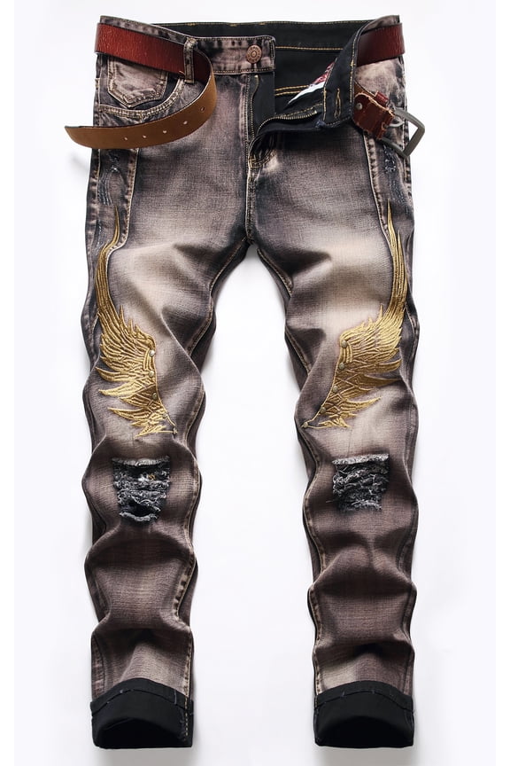 Mens Jeans Ripped Distressed Slim Embroidery Denim Jean Pants