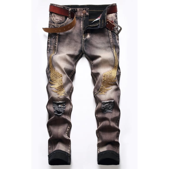 LZLER Mens Jeans Ripped Distressed Slim Embroidery Denim Jean Pants