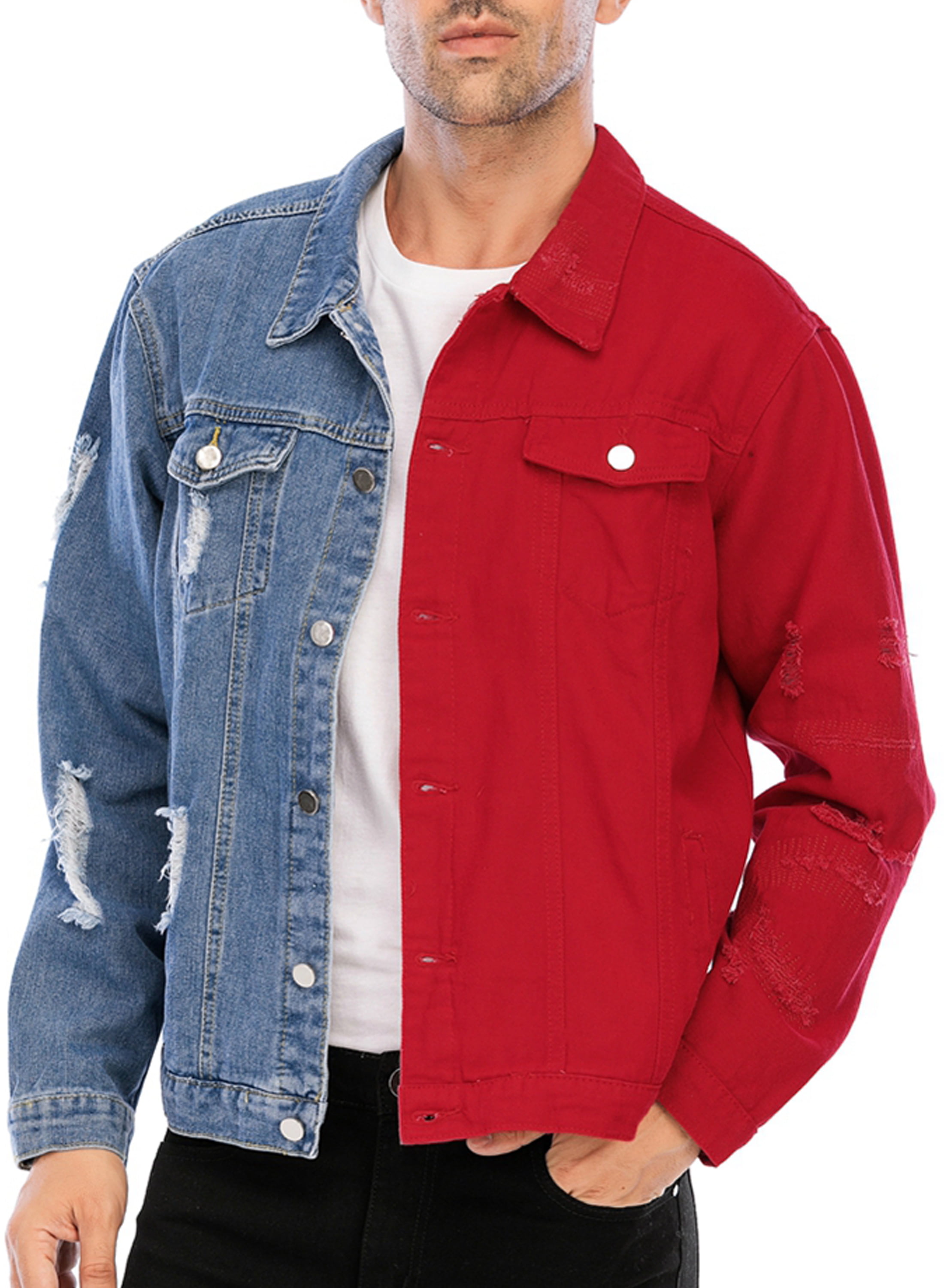 LZLER Red And Blue Jean Jacket for Men Ripped Color Block Denim