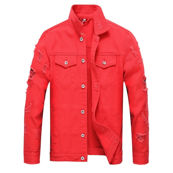 LZLER Ripped Jean Jacket for Men Red Fashion Denim Jacket Men
