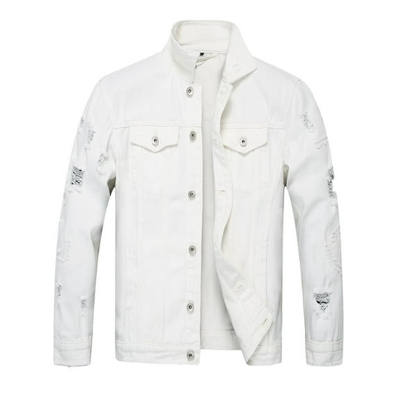 LZLER Ripped Jean Jacket for Men White Casual Sports Denim Jacket