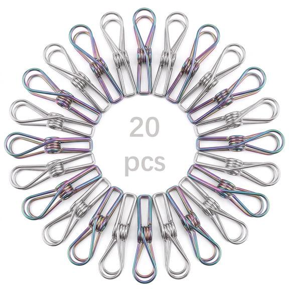LZLINGMEI 20 Pack Stainless Steel Clothes Pins Heavy Duty Outdoor Clothespins for Hanging Clothes, Bulk Wire Metal Clothes Clips for Laundry (Rainbow)