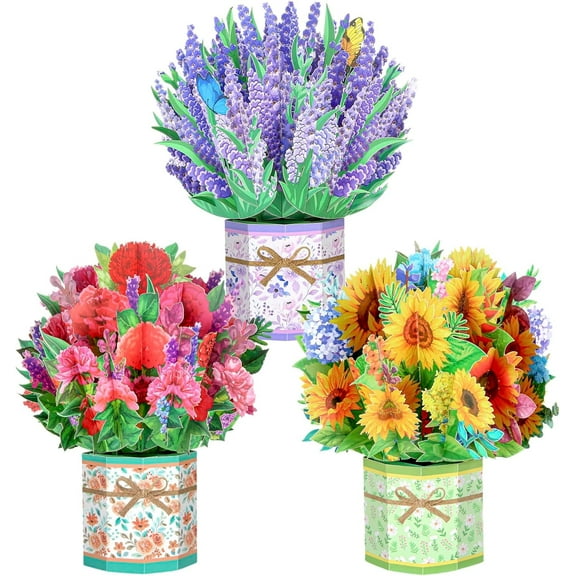 LZLINGMEI 3Pcs Paper Flower Pop Up Cards,Forever Bouquet 3D Popup Paper Greeting Cards with Note Cards and Envelopes for all occasion,Anniversary,Birthday,Valentine