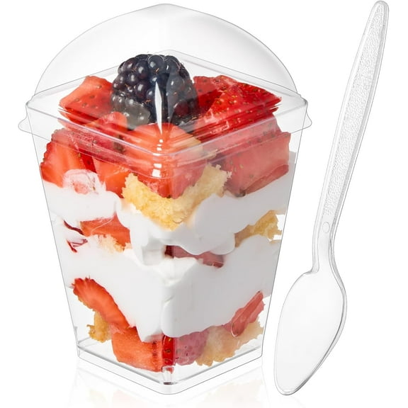 LZLINGMEI 50PCS 5oz Plastic Dessert Cups with Lids and Spoons, Mini Clear Parfait Cups Square Party Serving Cup for Pudding, Appetizer,Ice Cream