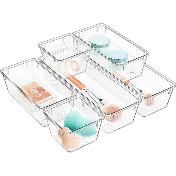 LZLINGMEI 6 Pack Clear Drawer Organizer Set, Acrylic Drawer Storage Trays, Storage Bins for Makeup, Cosmetics, Jewelries, Utensils, Office